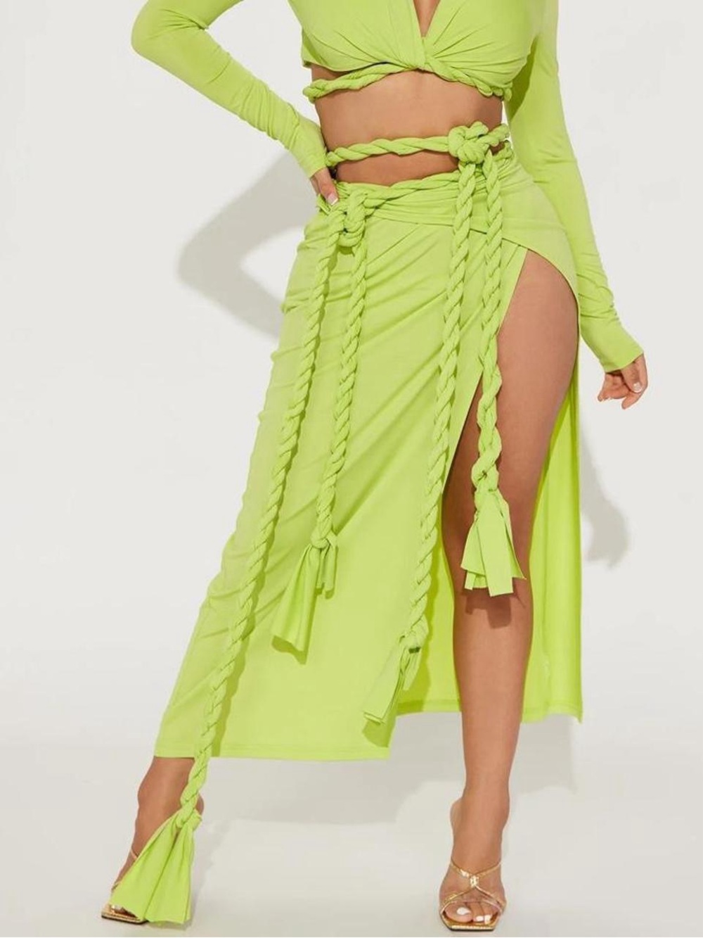 Micas NWT Neon Lime Green High-Slit Maxi Wrap Skirt with Braided Rope Ties Large